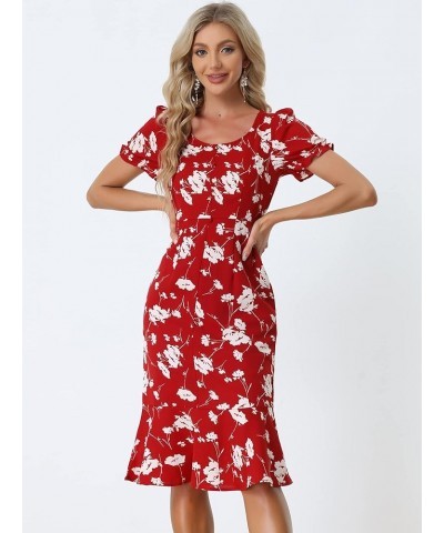 Women's Floral Scoop Neck Short Sleeve Ruffle Fishtail Mermaid Midi Dress Red $24.18 Dresses