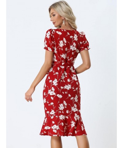 Women's Floral Scoop Neck Short Sleeve Ruffle Fishtail Mermaid Midi Dress Red $24.18 Dresses