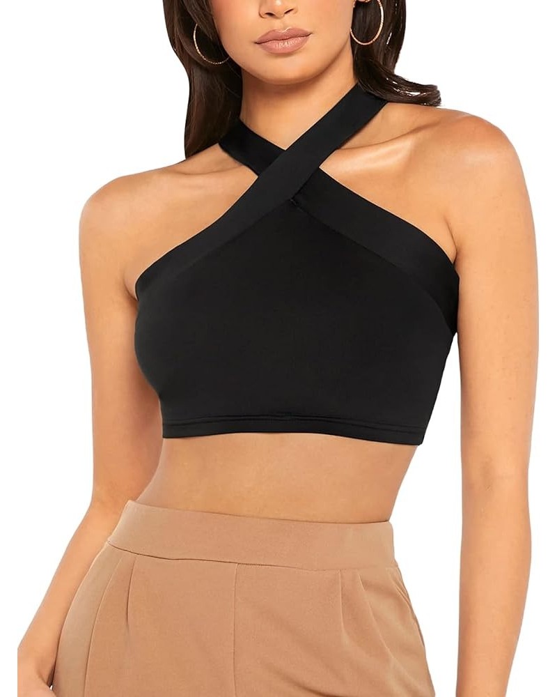 Women's Solid Criss Cross Sleeveless Rib Knit Halter Crop Tank Tops Black Solid $9.85 Tanks