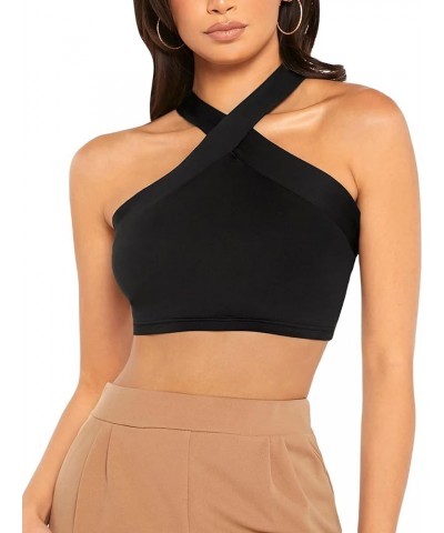 Women's Solid Criss Cross Sleeveless Rib Knit Halter Crop Tank Tops Black Solid $9.85 Tanks