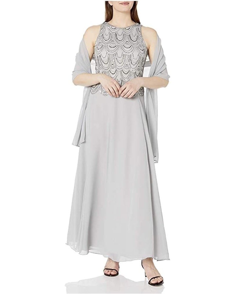 Women's Petite Sleeveless Beaded Pop Over Dress with Scarf Silver/Multi $53.34 Dresses