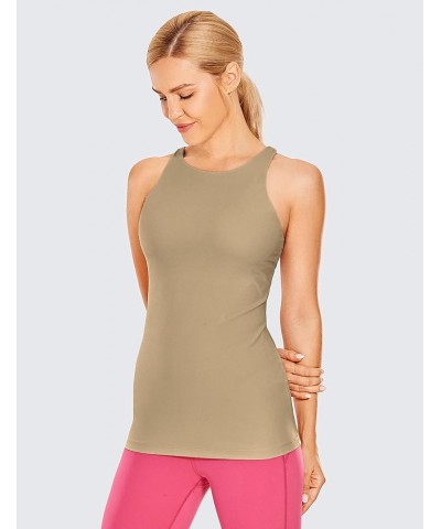 Womens High Neck Workout Tank Tops - with Built-in Shelf Bra Racerback Athletic Sports Shirts Khaki Fog $15.18 Activewear