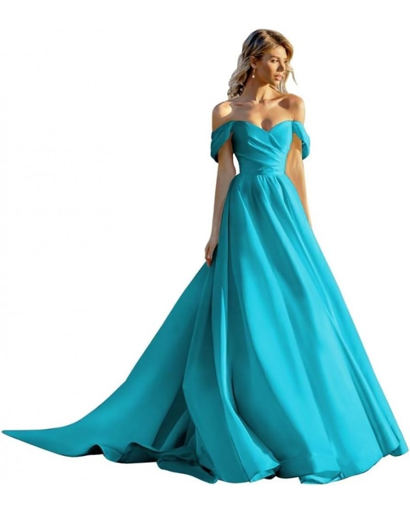 Off Shoulder Satin Prom Dresses Ball Gown Wedding Dress for Bride A Line Formal Evening Gown Aqua $43.95 Dresses