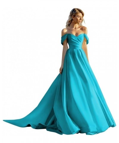 Off Shoulder Satin Prom Dresses Ball Gown Wedding Dress for Bride A Line Formal Evening Gown Aqua $43.95 Dresses