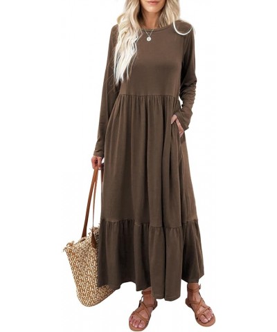 Women's Long Sleeves Maxi Dress Casual Loose Tiered Flowy Swing Beach Long Dresses with Pockets Brown $19.89 Dresses