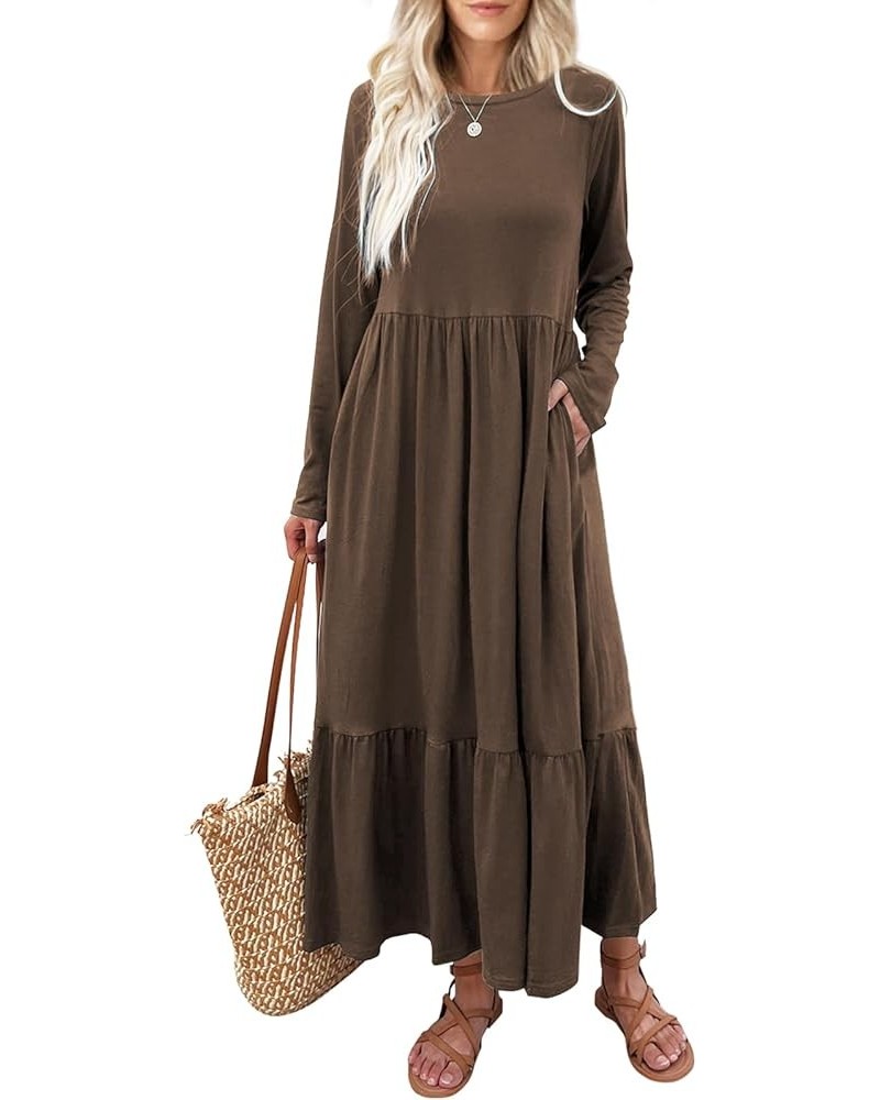 Women's Long Sleeves Maxi Dress Casual Loose Tiered Flowy Swing Beach Long Dresses with Pockets Brown $19.89 Dresses