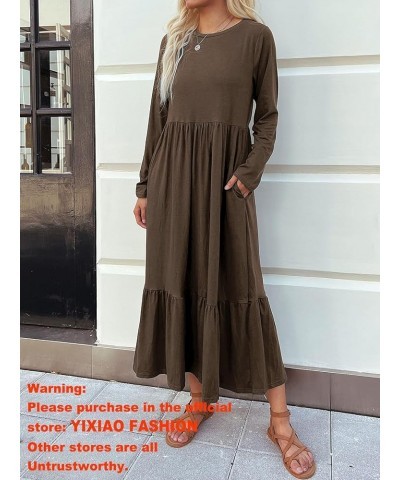 Women's Long Sleeves Maxi Dress Casual Loose Tiered Flowy Swing Beach Long Dresses with Pockets Brown $19.89 Dresses