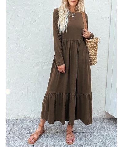 Women's Long Sleeves Maxi Dress Casual Loose Tiered Flowy Swing Beach Long Dresses with Pockets Brown $19.89 Dresses