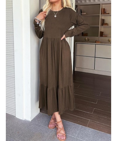 Women's Long Sleeves Maxi Dress Casual Loose Tiered Flowy Swing Beach Long Dresses with Pockets Brown $19.89 Dresses