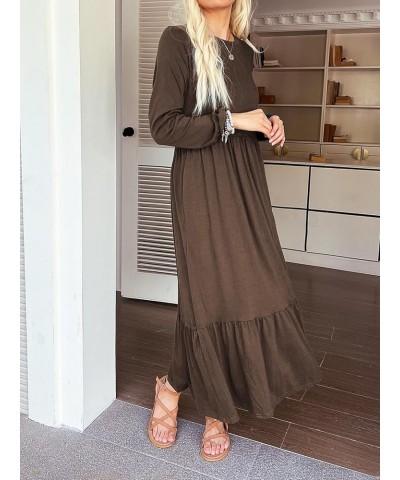 Women's Long Sleeves Maxi Dress Casual Loose Tiered Flowy Swing Beach Long Dresses with Pockets Brown $19.89 Dresses