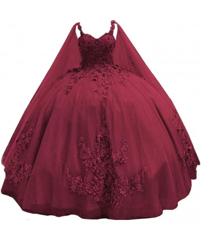 Spaghetti Straps Quinceanera Dresses Ball Gown with Cape Princess Sweet 15 16 Dresses Beaded Lace Prom Dresses WZY73 Burgundy...