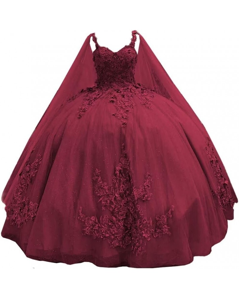 Spaghetti Straps Quinceanera Dresses Ball Gown with Cape Princess Sweet 15 16 Dresses Beaded Lace Prom Dresses WZY73 Burgundy...