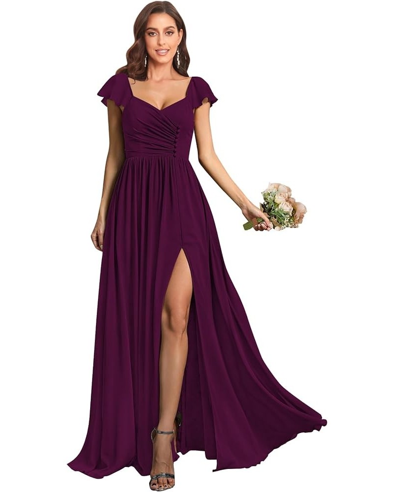 Women's Ruffle Sleeve Bridesmaid Dresses with Pockets Long Button Pleated Formal Dress with Slit YG293 Plum $25.30 Dresses