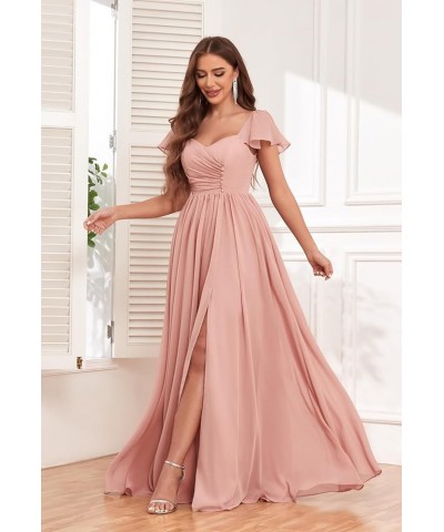 Women's Ruffle Sleeve Bridesmaid Dresses with Pockets Long Button Pleated Formal Dress with Slit YG293 Plum $25.30 Dresses