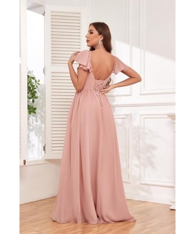 Women's Ruffle Sleeve Bridesmaid Dresses with Pockets Long Button Pleated Formal Dress with Slit YG293 Plum $25.30 Dresses