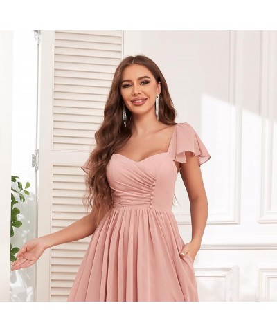 Women's Ruffle Sleeve Bridesmaid Dresses with Pockets Long Button Pleated Formal Dress with Slit YG293 Plum $25.30 Dresses