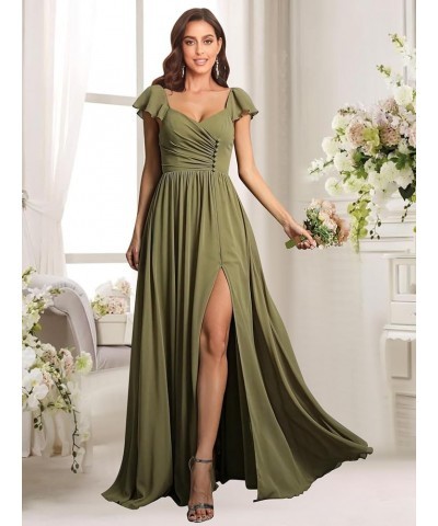 Women's Ruffle Sleeve Bridesmaid Dresses with Pockets Long Button Pleated Formal Dress with Slit YG293 Plum $25.30 Dresses