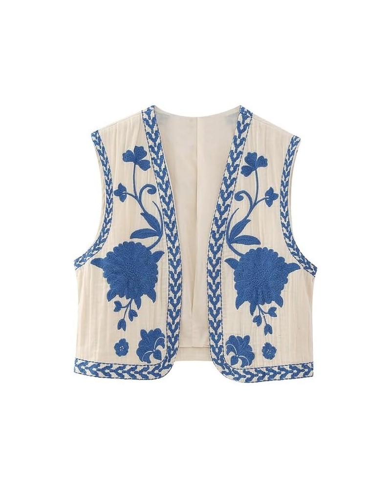 Women‘s Vintage Floral Embroidered Coat Ladies National Style Vest Jacket Outfits Casual Vacation Crop Top Vest Blue S $12.02...