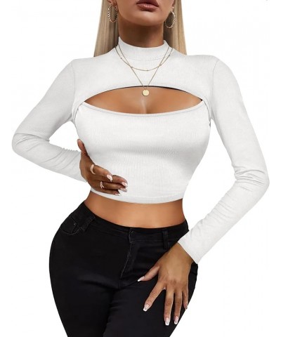 Women's Short Sleeve Long Sleeve T Shirt Front Cut Out Basic Knit Mock Neck Crop Top XS-XXL White $7.79 T-Shirts