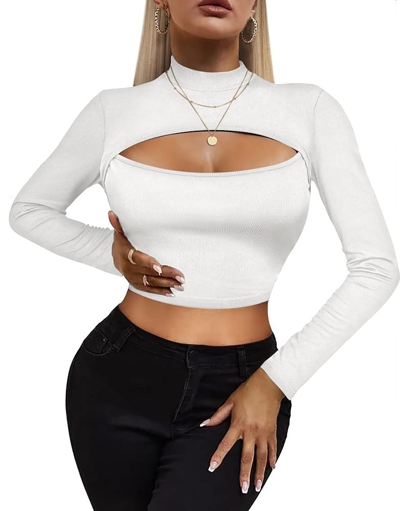 Women's Short Sleeve Long Sleeve T Shirt Front Cut Out Basic Knit Mock Neck Crop Top XS-XXL White $7.79 T-Shirts