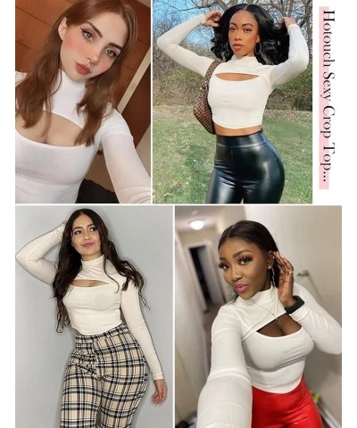 Women's Short Sleeve Long Sleeve T Shirt Front Cut Out Basic Knit Mock Neck Crop Top XS-XXL White $7.79 T-Shirts