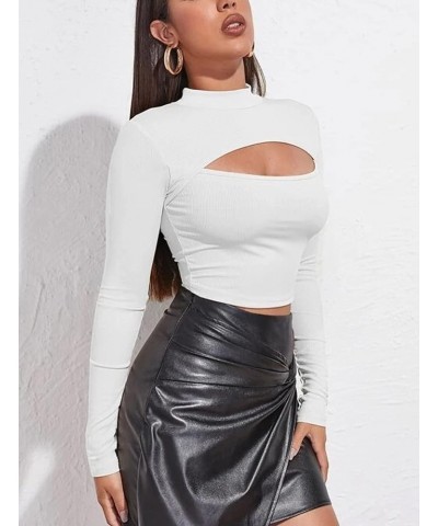 Women's Short Sleeve Long Sleeve T Shirt Front Cut Out Basic Knit Mock Neck Crop Top XS-XXL White $7.79 T-Shirts