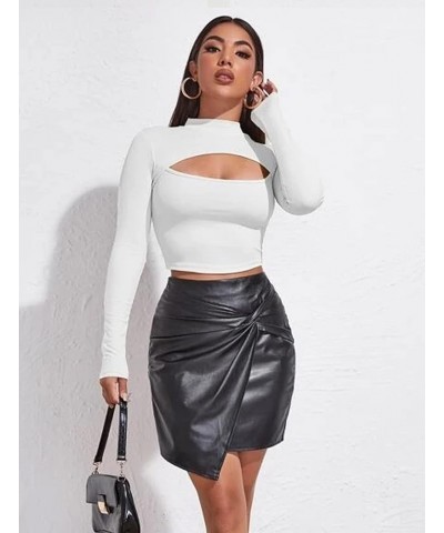 Women's Short Sleeve Long Sleeve T Shirt Front Cut Out Basic Knit Mock Neck Crop Top XS-XXL White $7.79 T-Shirts