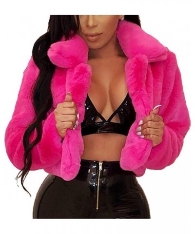 Faux Fur Mink Coat for Women Turn Down Collar Cropped Fuzzy Jacket Women Thicken Casual Outdoor Y2K Outerwear Hot Pink $12.22...