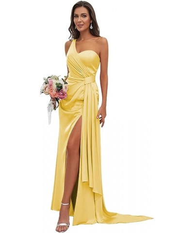 Women's One Shoulder Bridesmaid Dresses Long with Slit Satin Pleated Formal Evening Gowns Yellow1 $29.25 Dresses