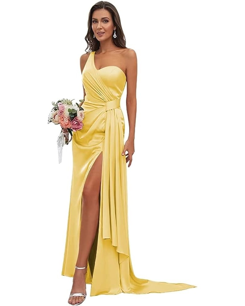 Women's One Shoulder Bridesmaid Dresses Long with Slit Satin Pleated Formal Evening Gowns Yellow1 $29.25 Dresses