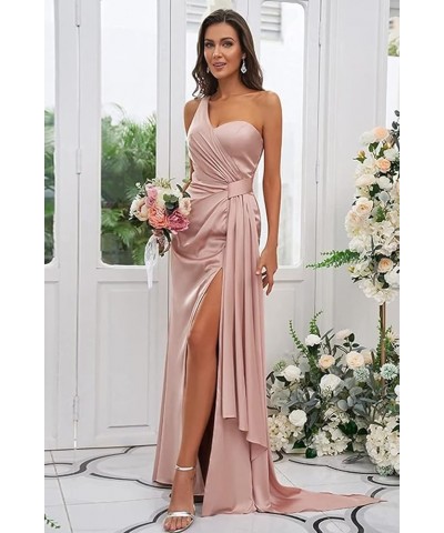 Women's One Shoulder Bridesmaid Dresses Long with Slit Satin Pleated Formal Evening Gowns Yellow1 $29.25 Dresses