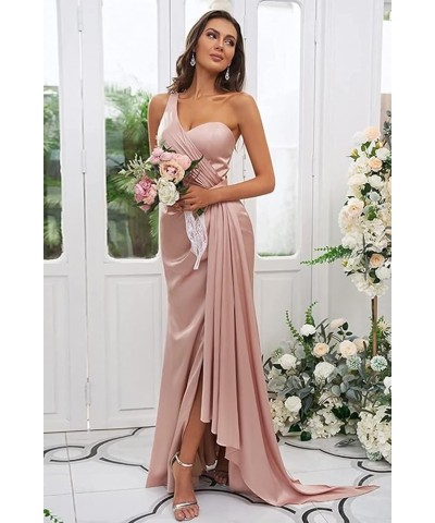 Women's One Shoulder Bridesmaid Dresses Long with Slit Satin Pleated Formal Evening Gowns Yellow1 $29.25 Dresses