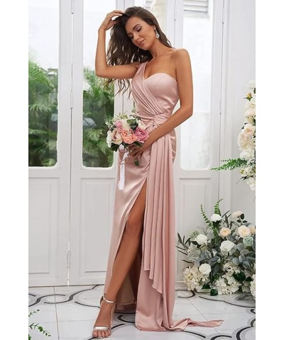 Women's One Shoulder Bridesmaid Dresses Long with Slit Satin Pleated Formal Evening Gowns Yellow1 $29.25 Dresses