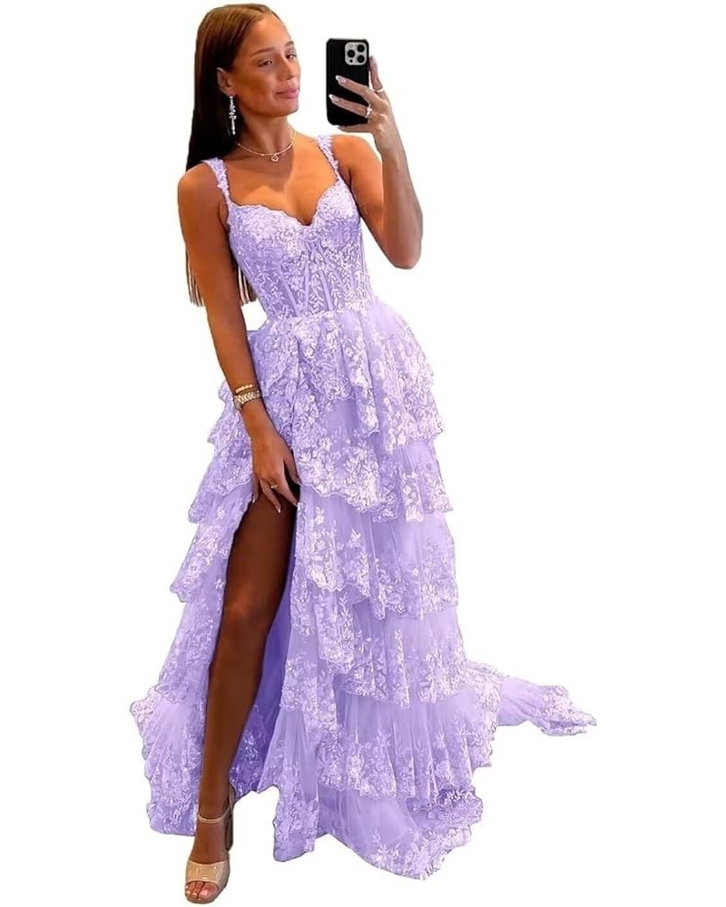 Tulle Tiered Prom Dresses Long Spaghetti Straps A Line Lace Appliques Formal Party Gowns Lilac $42.78 Dresses