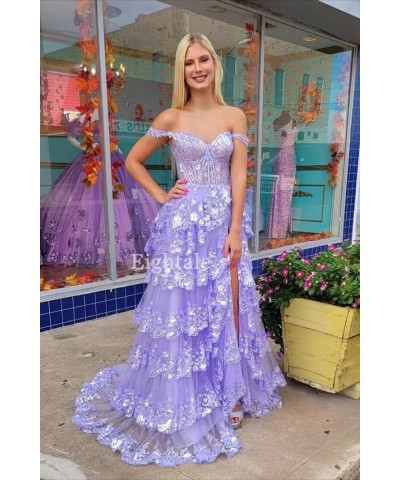 Tulle Tiered Prom Dresses Long Spaghetti Straps A Line Lace Appliques Formal Party Gowns Lilac $42.78 Dresses