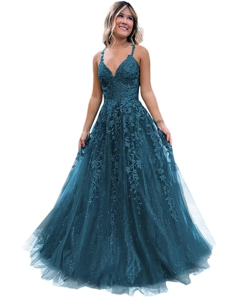 Women's Lace Applique V-Neck Prom Drsses Long Spaghetti Straps Sparkly Tulle Evening Party Gowns YO077 Teal $38.25 Dresses