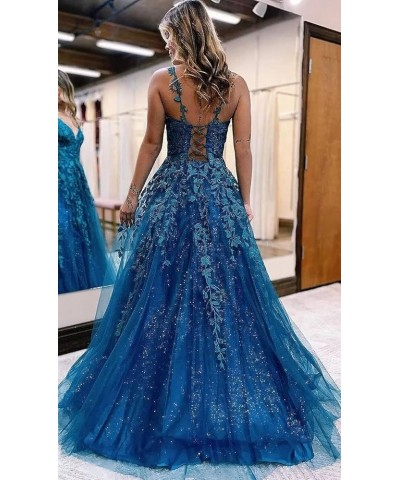 Women's Lace Applique V-Neck Prom Drsses Long Spaghetti Straps Sparkly Tulle Evening Party Gowns YO077 Teal $38.25 Dresses