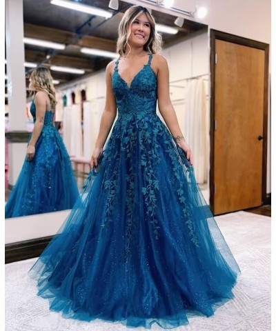 Women's Lace Applique V-Neck Prom Drsses Long Spaghetti Straps Sparkly Tulle Evening Party Gowns YO077 Teal $38.25 Dresses