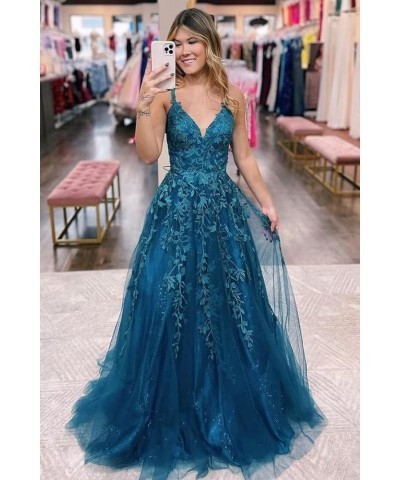 Women's Lace Applique V-Neck Prom Drsses Long Spaghetti Straps Sparkly Tulle Evening Party Gowns YO077 Teal $38.25 Dresses