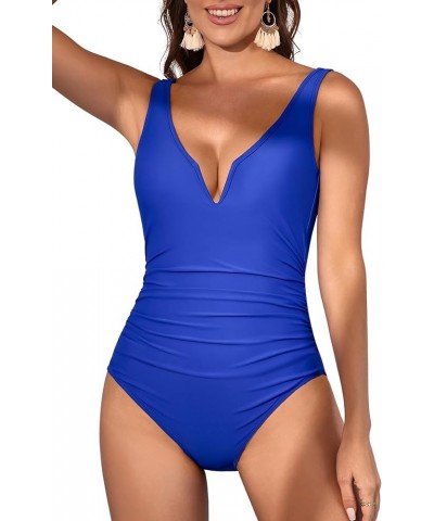 Womens One Piece Swimsuits Tummy Control V Neck Bathing Suit Low Back Swimwear Royal Blue $17.20 Swimsuits