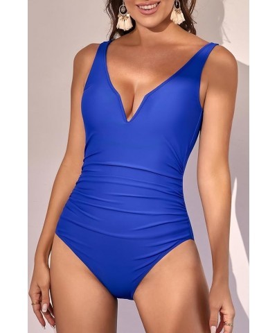 Womens One Piece Swimsuits Tummy Control V Neck Bathing Suit Low Back Swimwear Royal Blue $17.20 Swimsuits