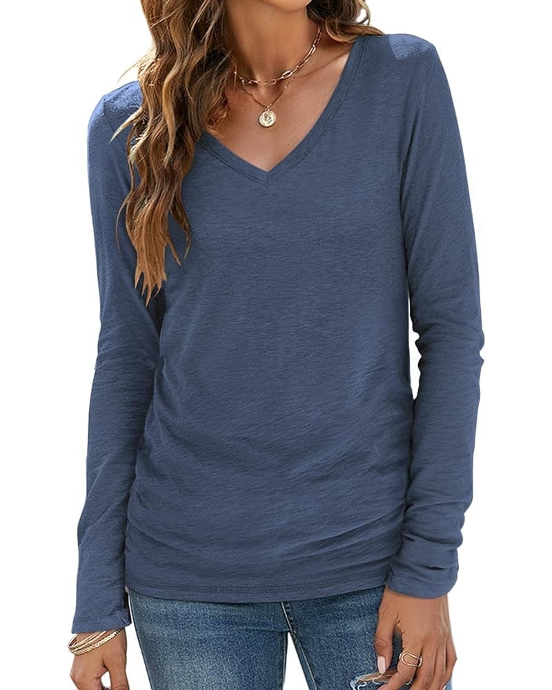 Womens T Shirts V Neck Short/Long Sleeve Casual Tops Soft Solid Basic Tee B Blue2 $17.39 T-Shirts