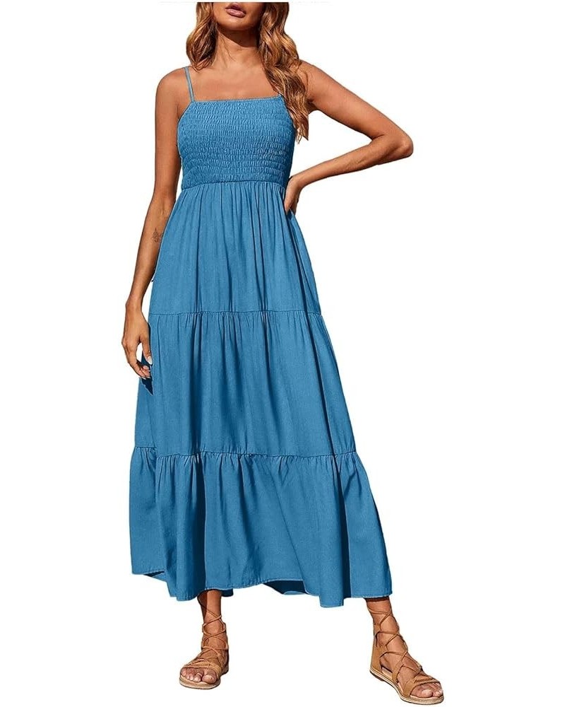 Sundresses for Women 2023 Spaghetti Strap Summer Maxi Long Dress Smocked Casual Sun Dresses Trendy Beach Clothing J015-blue $...