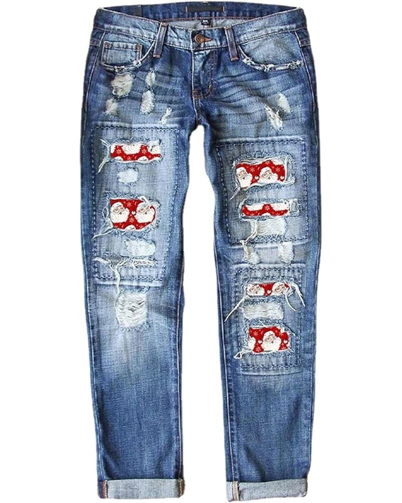 Women's Jeans Christmas Leggings Santa Print Patchwork Ripped Pants Mid Waist Hole Jeans Pants Jeans for Women Red $20.99 Act...