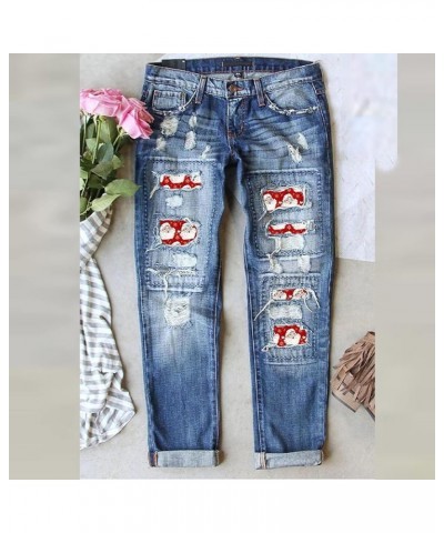 Women's Jeans Christmas Leggings Santa Print Patchwork Ripped Pants Mid Waist Hole Jeans Pants Jeans for Women Red $20.99 Act...