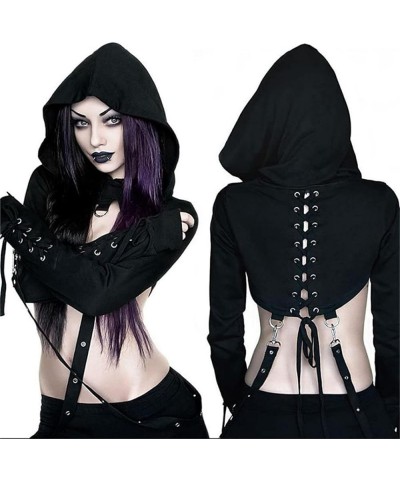Gothic Crop Top Hoodie for Women Black Sexy Sweatshirt Goth Shirt Black Punk Crop Top 8 $17.75 Hoodies & Sweatshirts