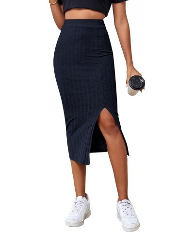 Women's High Waist Stretchy Rib Knit Split Slit Hem Midi Pencil Skirt Navy Blue 2 $13.99 Skirts