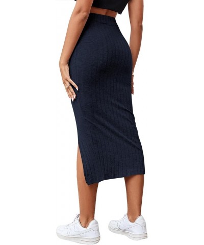 Women's High Waist Stretchy Rib Knit Split Slit Hem Midi Pencil Skirt Navy Blue 2 $13.99 Skirts