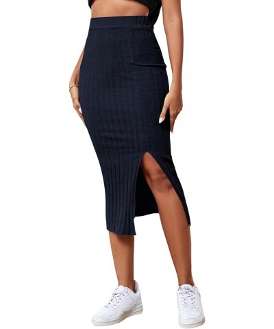 Women's High Waist Stretchy Rib Knit Split Slit Hem Midi Pencil Skirt Navy Blue 2 $13.99 Skirts