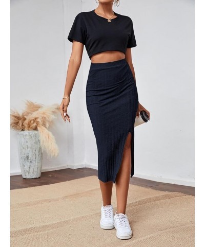 Women's High Waist Stretchy Rib Knit Split Slit Hem Midi Pencil Skirt Navy Blue 2 $13.99 Skirts